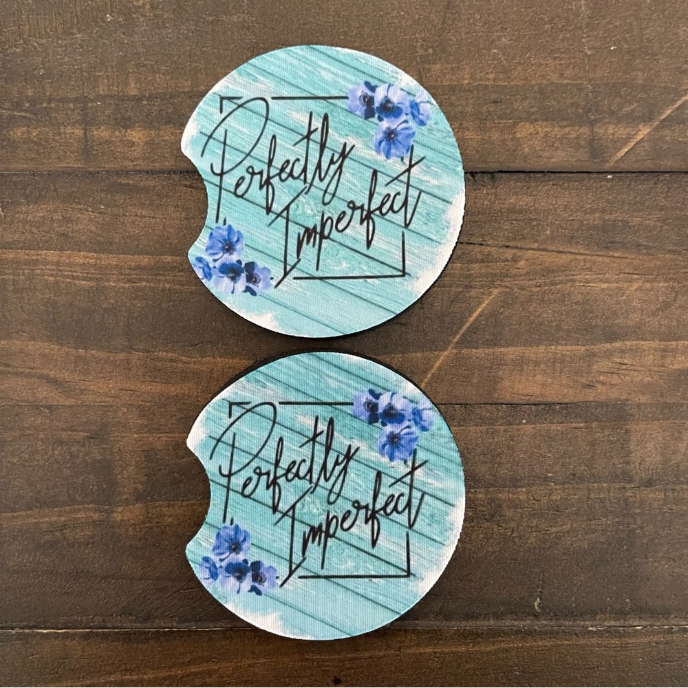 ‘Perfectly Imperfect’ Car Coasters with Purple Floral Design-Set of 2
